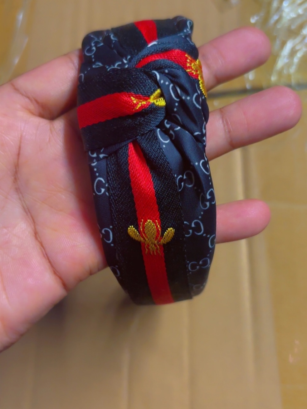 Gucci Black Headband with Red Stripe and Gold Bee Embroidery
